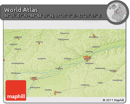 Physical 3D Map of the Area around 48° 30' 27" N, 11° 58' 29" E