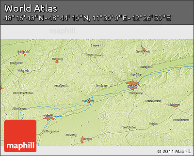 Physical 3D Map of the Area around 48° 30' 27" N, 11° 58' 29" E