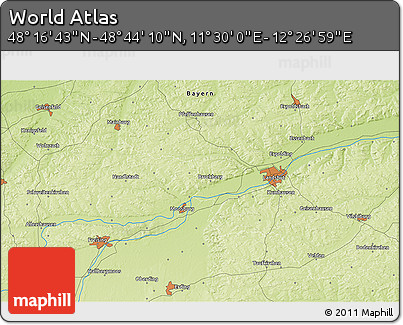 Physical 3D Map of the Area around 48° 30' 27" N, 11° 58' 29" E