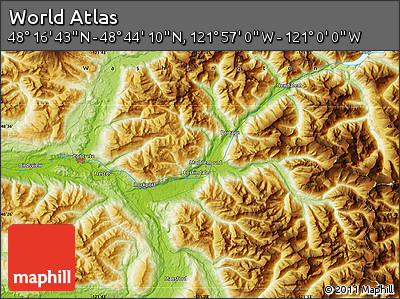 Physical Map of the Area around 48° 30' 27" N, 121° 28' 29" W