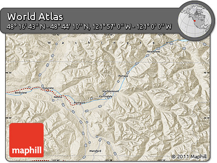 Shaded Relief Map of the Area around 48° 30' 27" N, 121° 28' 29" W