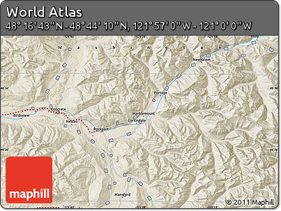 Shaded Relief Map of the Area around 48° 30' 27" N, 121° 28' 29" W