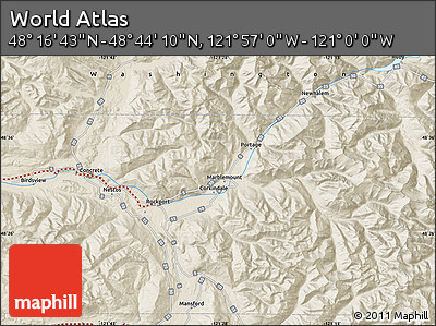 Shaded Relief Map of the Area around 48° 30' 27" N, 121° 28' 29" W