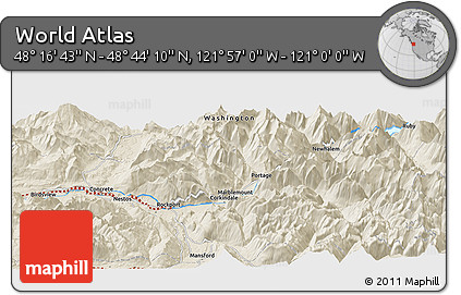 Shaded Relief Panoramic Map of the Area around 48° 30' 27" N, 121° 28' 29" W
