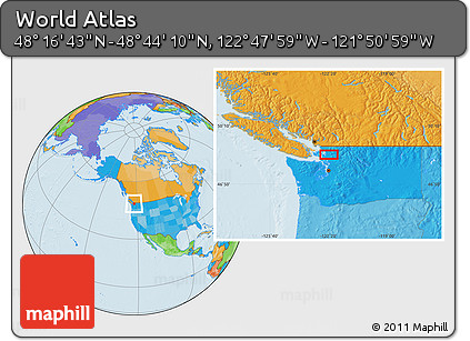 Political Location Map of the Area around 48° 30' 27" N, 122° 19' 29" W