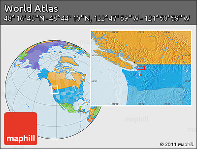Political Location Map of the Area around 48° 30' 27" N, 122° 19' 29" W