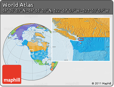 Political Location Map of the Area around 48° 30' 27" N, 122° 19' 29" W