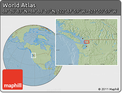 Savanna Style Location Map of the Area around 48° 30' 27" N, 122° 19' 29" W, hill shading