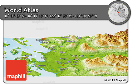 Physical Panoramic Map of the Area around 48° 30' 27" N, 122° 19' 29" W