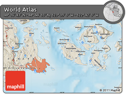 Shaded Relief Map of the Area around 48° 30' 27" N, 123° 10' 30" W