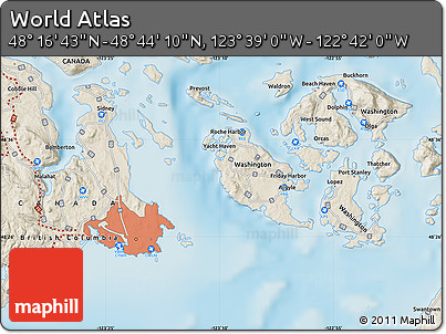 Shaded Relief Map of the Area around 48° 30' 27" N, 123° 10' 30" W