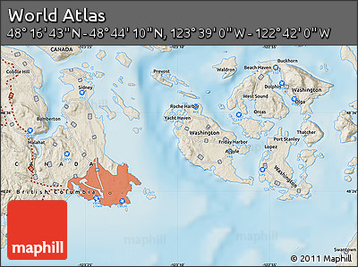 Shaded Relief Map of the Area around 48° 30' 27" N, 123° 10' 30" W