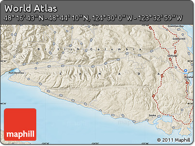 Shaded Relief Map of the Area around 48° 30' 27" N, 124° 1' 30" W