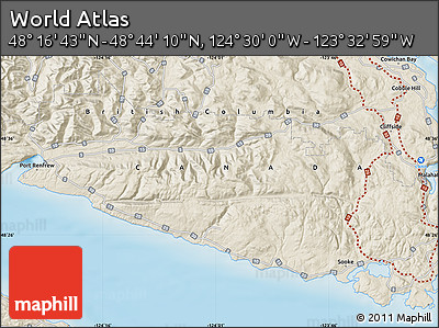 Shaded Relief Map of the Area around 48° 30' 27" N, 124° 1' 30" W