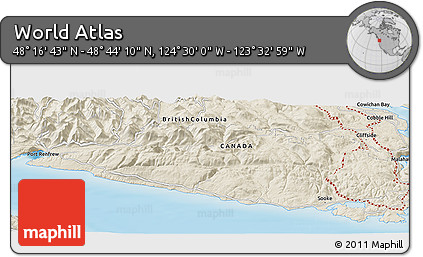 Shaded Relief Panoramic Map of the Area around 48° 30' 27" N, 124° 1' 30" W