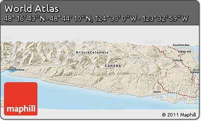 Shaded Relief Panoramic Map of the Area around 48° 30' 27" N, 124° 1' 30" W