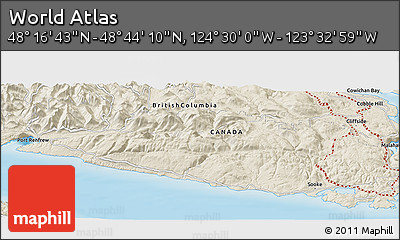 Shaded Relief Panoramic Map of the Area around 48° 30' 27" N, 124° 1' 30" W