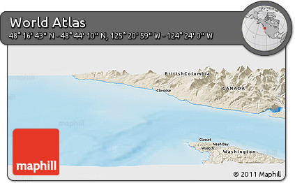 Shaded Relief Panoramic Map of the Area around 48° 30' 27" N, 124° 52' 30" W
