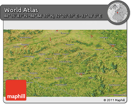 Satellite 3D Map of the Area around 48° 30' 27" N, 12° 49' 29" E