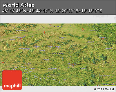 Satellite 3D Map of the Area around 48° 30' 27" N, 12° 49' 29" E