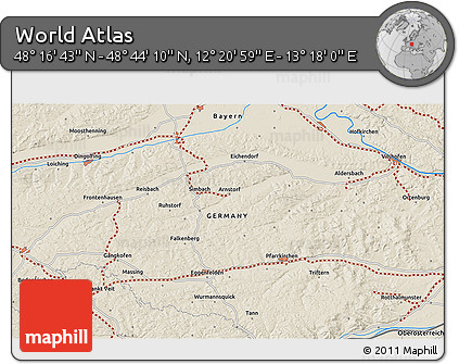 Shaded Relief 3D Map of the Area around 48° 30' 27" N, 12° 49' 29" E