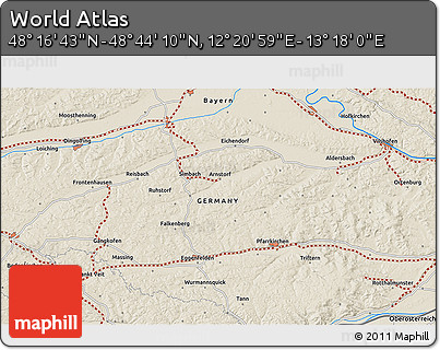 Shaded Relief 3D Map of the Area around 48° 30' 27" N, 12° 49' 29" E