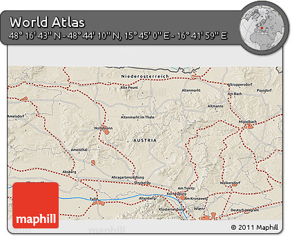 Shaded Relief 3D Map of the Area around 48° 30' 27" N, 16° 13' 30" E