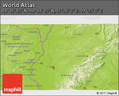Physical 3D Map of the Area around 48° 30' 27" N, 17° 4' 30" E