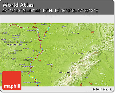 Physical 3D Map of the Area around 48° 30' 27" N, 17° 4' 30" E