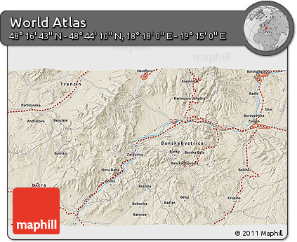 Shaded Relief 3D Map of the Area around 48° 30' 27" N, 18° 46' 29" E