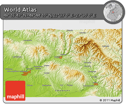 Physical 3D Map of the Area around 48° 30' 27" N, 23° 1' 29" E
