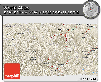 Shaded Relief 3D Map of the Area around 48° 30' 27" N, 23° 52' 30" E