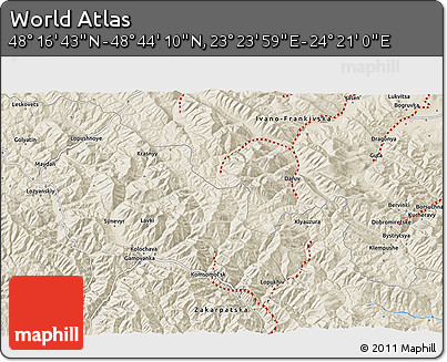 Shaded Relief 3D Map of the Area around 48° 30' 27" N, 23° 52' 30" E