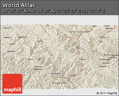 Shaded Relief 3D Map of the Area around 48° 30' 27" N, 23° 52' 30" E