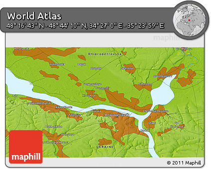 Physical 3D Map of the Area around 48° 30' 27" N, 34° 55' 29" E