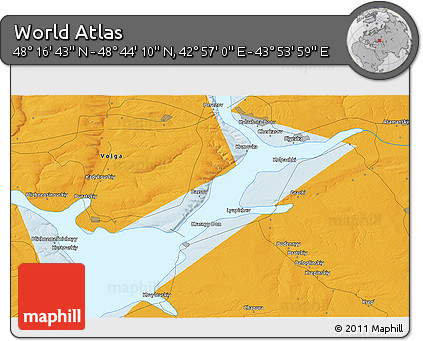 Political 3D Map of the Area around 48° 30' 27" N, 43° 25' 29" E