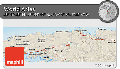 Shaded Relief Panoramic Map of the Area around 48° 30' 27" N, 4° 10' 30" W