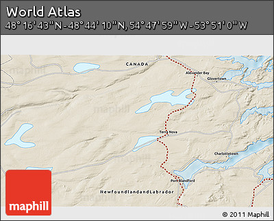 Shaded Relief 3D Map of the Area around 48° 30' 27" N, 54° 19' 30" W