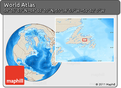 Shaded Relief Location Map of the Area around 48° 30' 27" N, 55° 10' 29" W