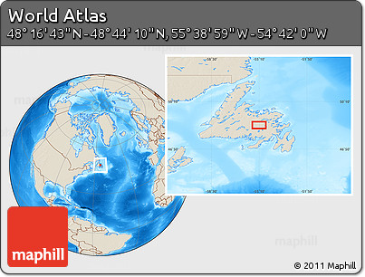 Shaded Relief Location Map of the Area around 48° 30' 27" N, 55° 10' 29" W