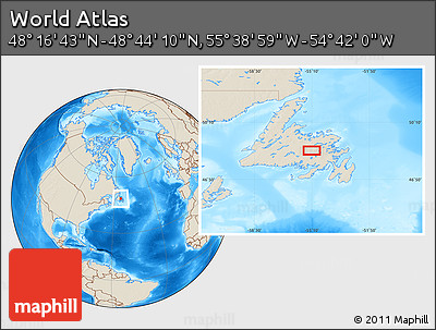 Shaded Relief Location Map of the Area around 48° 30' 27" N, 55° 10' 29" W