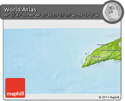 Physical 3D Map of the Area around 48° 30' 27" N, 59° 25' 29" W