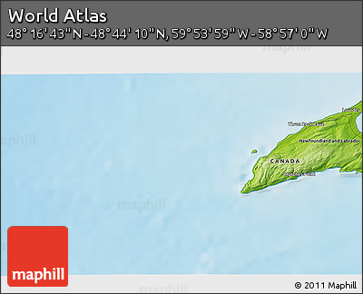Physical 3D Map of the Area around 48° 30' 27" N, 59° 25' 29" W
