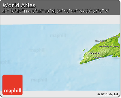 Physical 3D Map of the Area around 48° 30' 27" N, 59° 25' 29" W