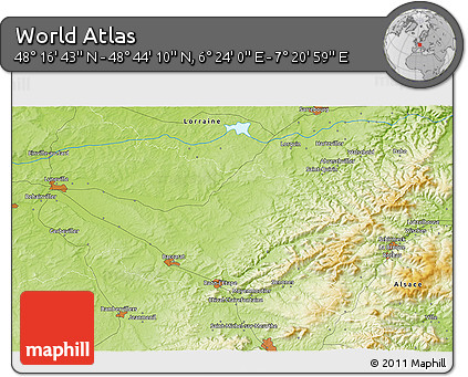 Physical 3D Map of the Area around 48° 30' 27" N, 6° 52' 30" E