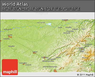 Physical 3D Map of the Area around 48° 30' 27" N, 6° 52' 30" E