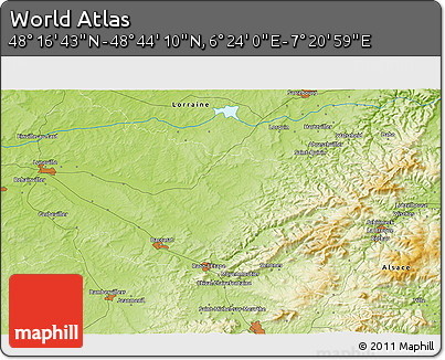 Physical 3D Map of the Area around 48° 30' 27" N, 6° 52' 30" E