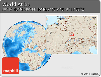 Shaded Relief Location Map of the Area around 48° 30' 27" N, 7° 43' 29" E