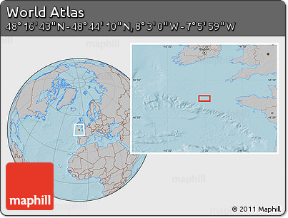 Gray Location Map of the Area around 48° 30' 27" N, 7° 34' 30" W, hill shading