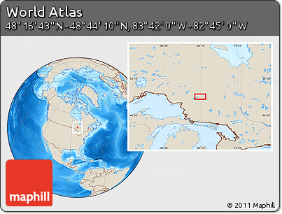 Shaded Relief Location Map of the Area around 48° 30' 27" N, 83° 13' 29" W